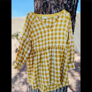 Maeve Anthropologie plaid yellow and white shirt.